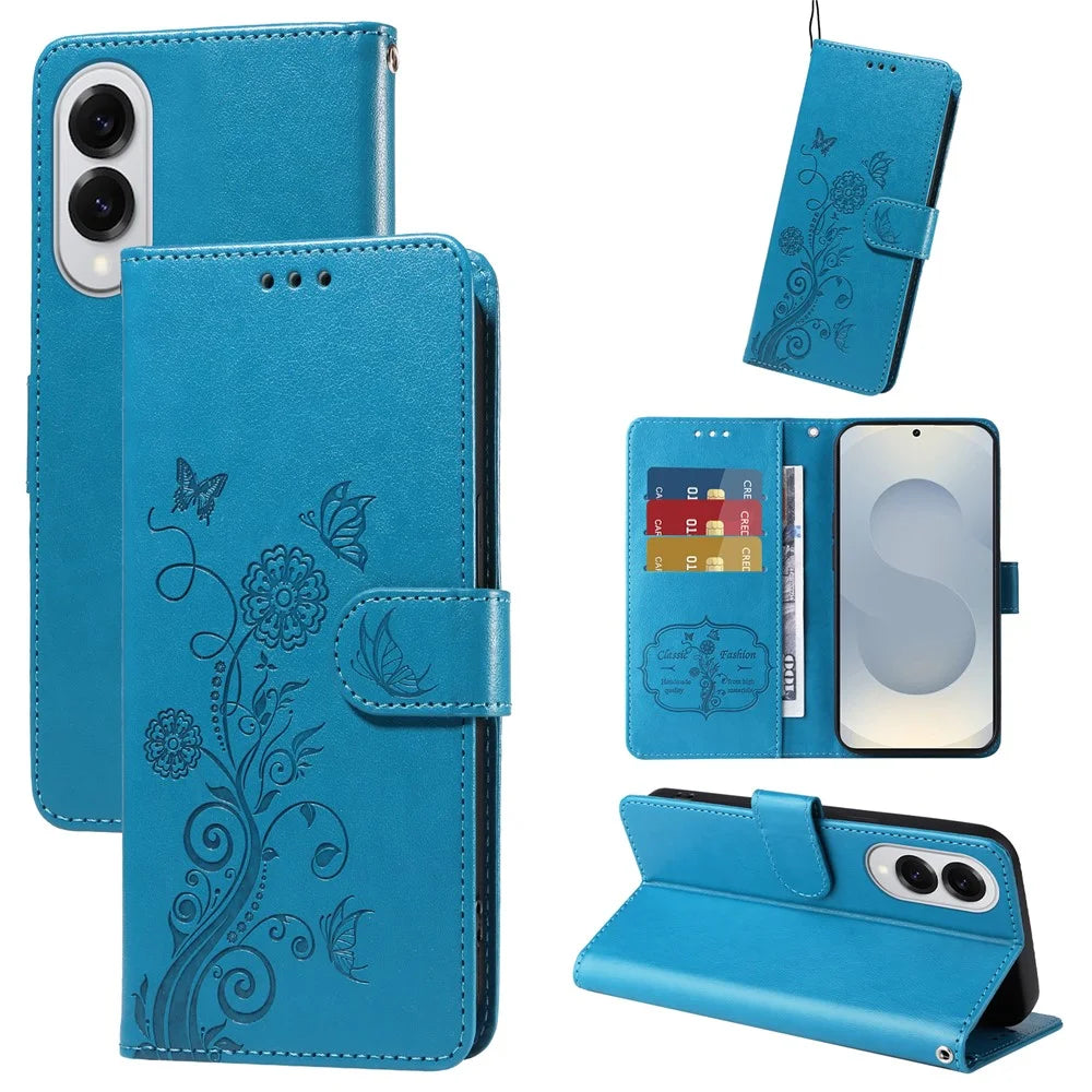 For Samsung Galaxy S25 Edge Phone Case Wallet Stand Butterfly Floral Imprint Leather Cover - Blue - 4