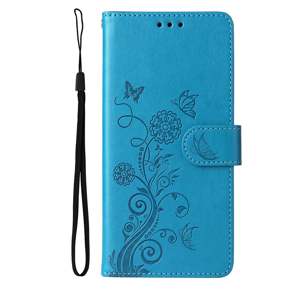 For Samsung Galaxy S25 Edge Phone Case Wallet Stand Butterfly Floral Imprint Leather Cover - Blue - 5