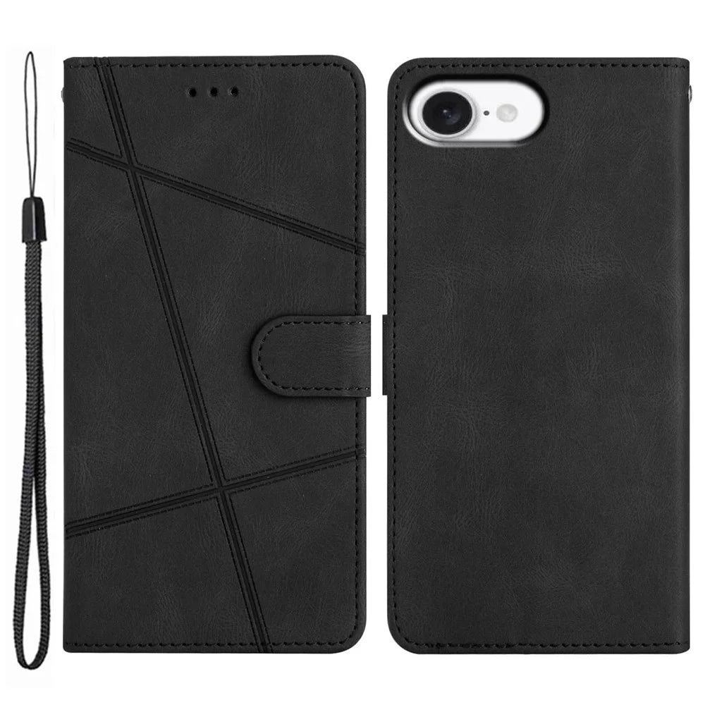 For iPhone 17e / 16e Wallet Case Line Imprinted Skin-Touch Leather Flip Phone Cover - Black - 1