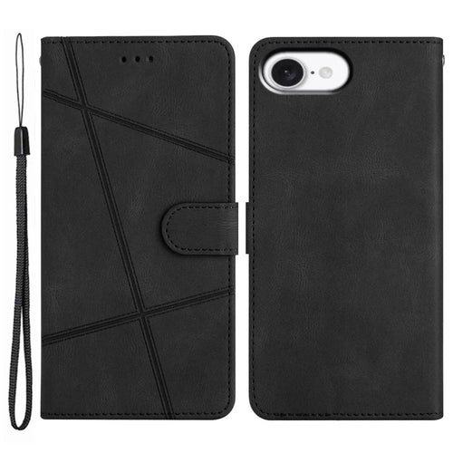 For iPhone 17e / 16e Wallet Case Line Imprinted Skin-Touch Leather Flip Phone Cover - Black - 1