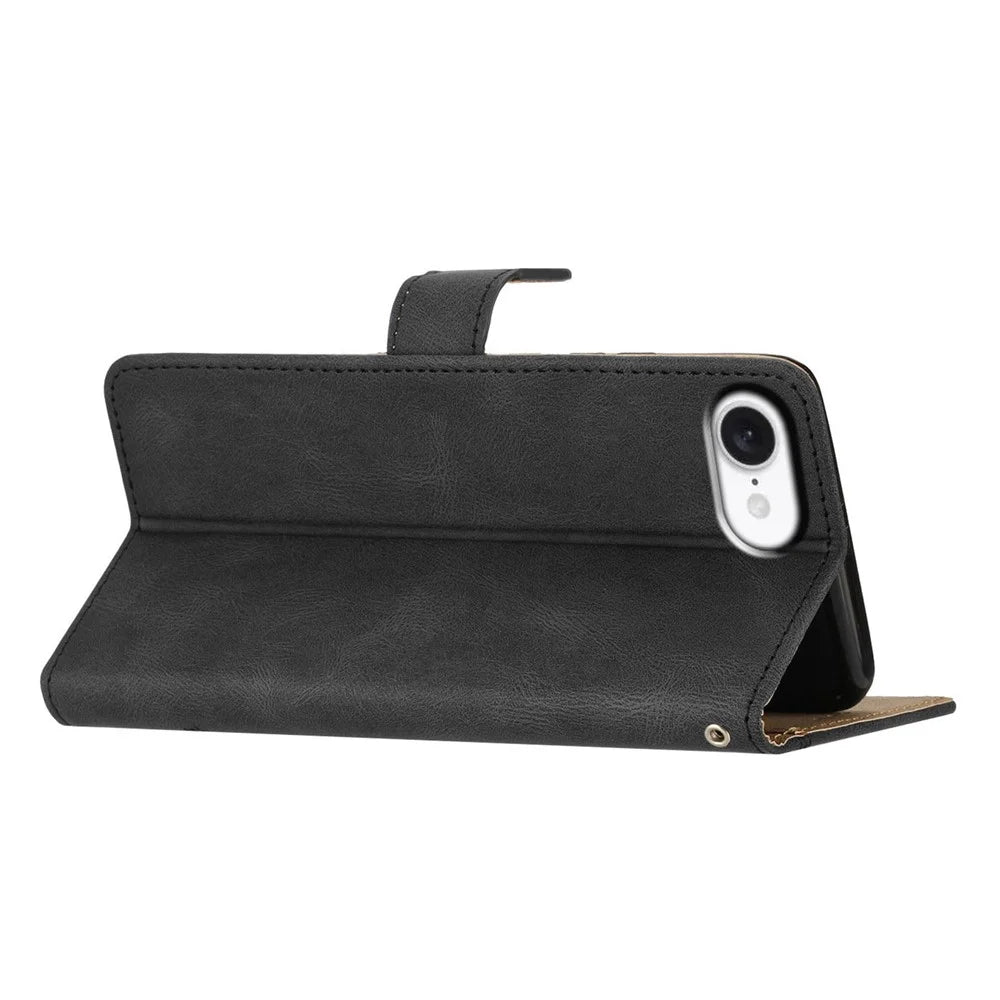 For iPhone 17e / 16e Wallet Case Line Imprinted Skin-Touch Leather Flip Phone Cover - Black - 4