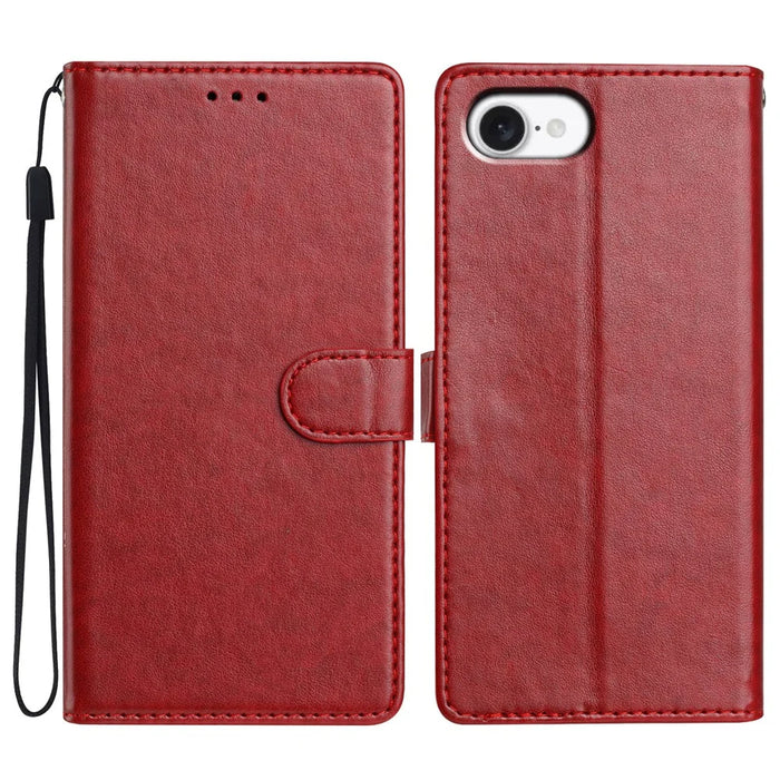 For iPhone 17e / 16e Leather Case Wallet Stand Phone Cover with Handy Strap - Red - 1