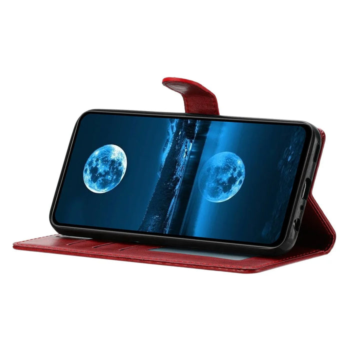For iPhone 17e / 16e Leather Case Wallet Stand Phone Cover with Handy Strap - Red - 2