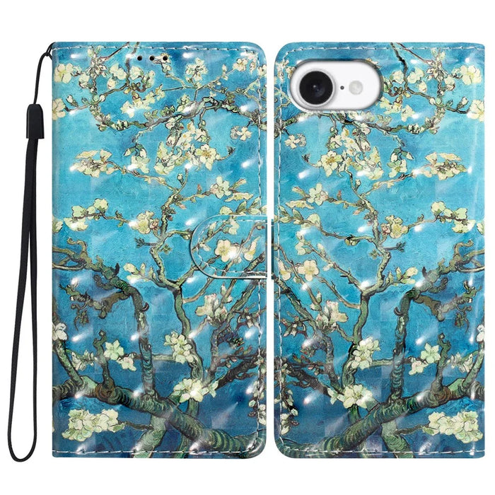 For iPhone 17e / 16e Case PU Leather Wallet Phone Cover 3D Pattern Printing - Apricot Blossom - 1