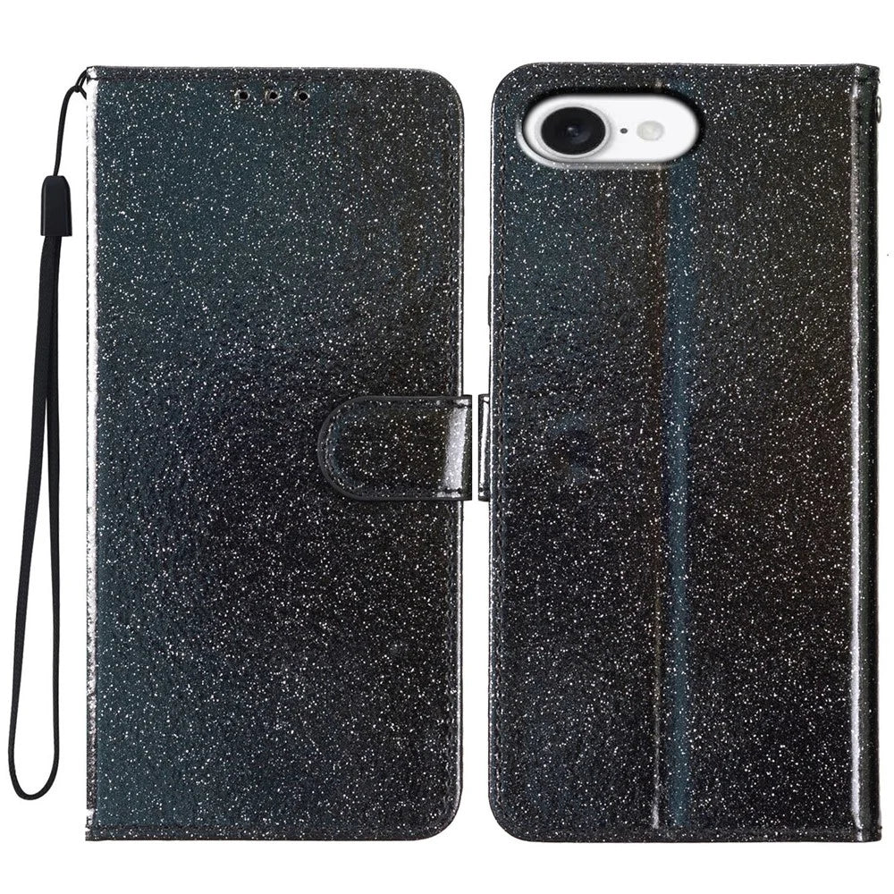For iPhone 17e / 16e Wallet Case Glitter Anti-Scratch Leather Phone Cover Stand - Black - 1