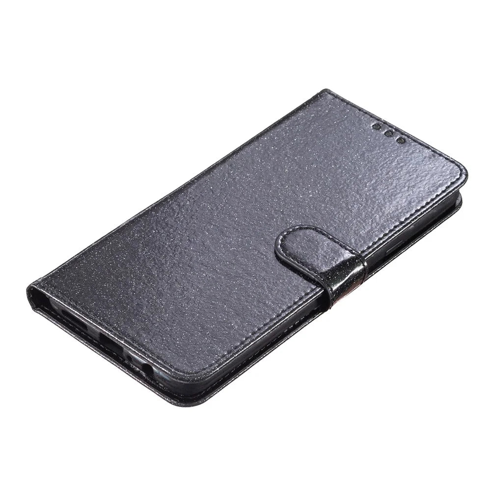 For iPhone 17e / 16e Wallet Case Glitter Anti-Scratch Leather Phone Cover Stand - Black - 4