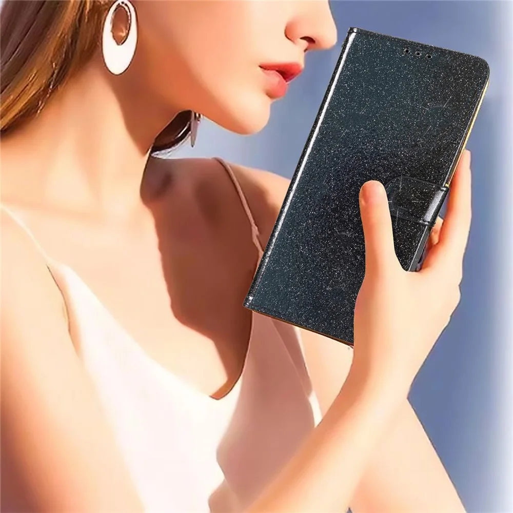 For iPhone 17e / 16e Wallet Case Glitter Anti-Scratch Leather Phone Cover Stand - Black - 5