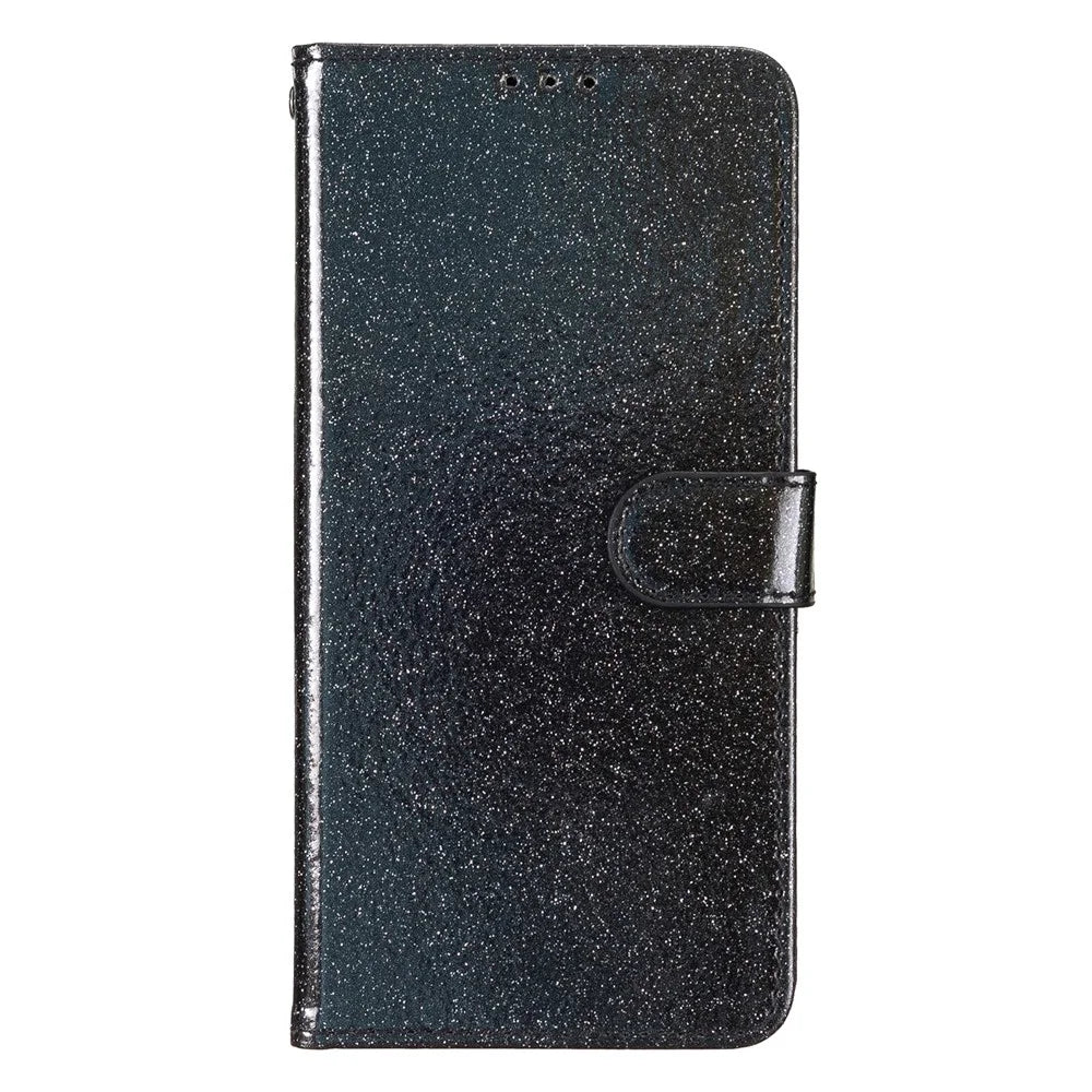 For iPhone 17e / 16e Wallet Case Glitter Anti-Scratch Leather Phone Cover Stand - Black - 6