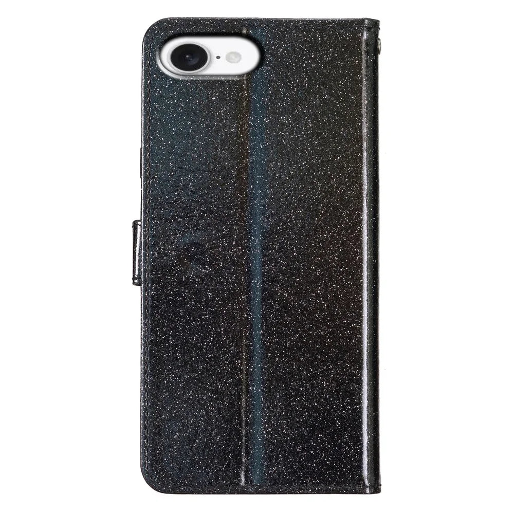 For iPhone 17e / 16e Wallet Case Glitter Anti-Scratch Leather Phone Cover Stand - Black - 7