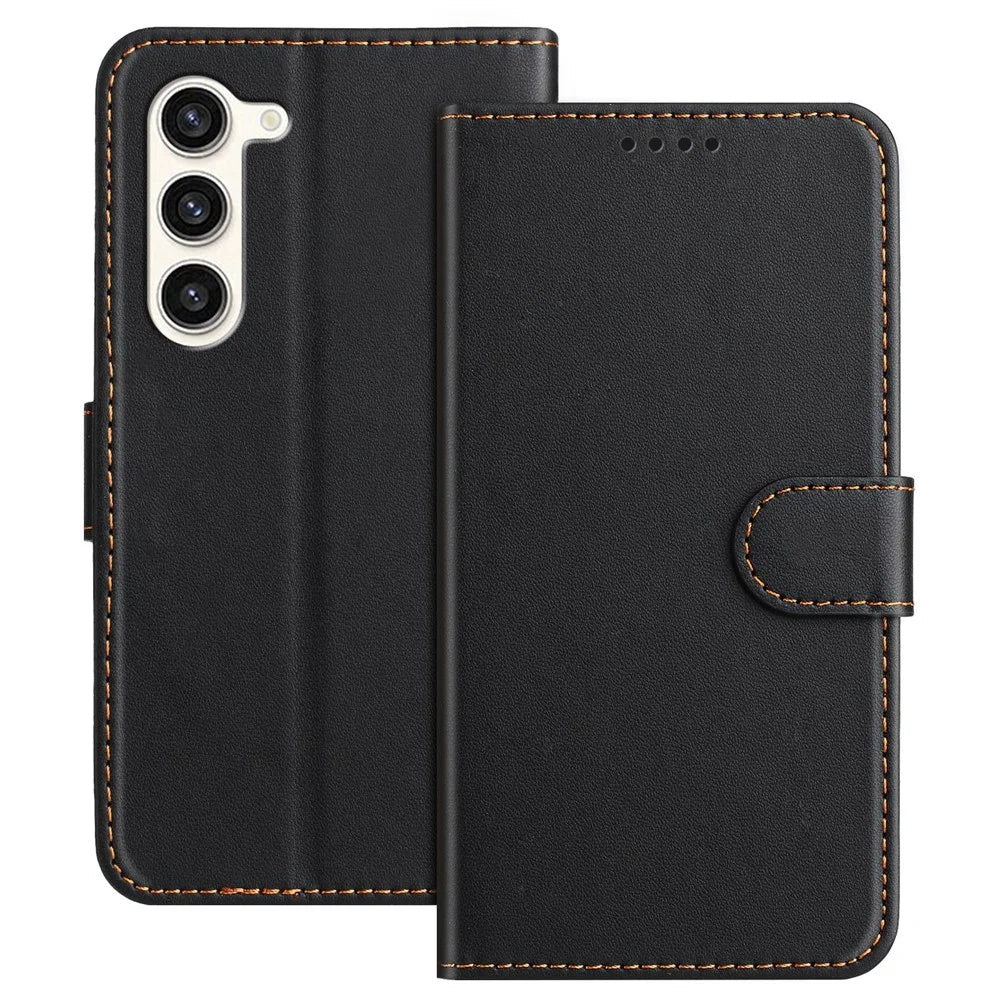 For Samsung Galaxy S23 Leather Case Wallet Stand Solid Color Anti Drop Phone Cover - Black - 1
