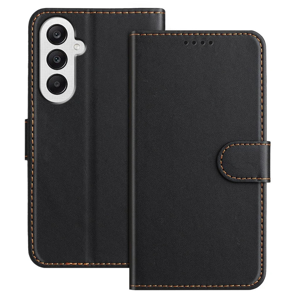 For Samsung Galaxy A25 5G (Global) (161.0 x 76.5 x 8.3mm) Leather Case Wallet Stand Solid Color Anti Drop Phone Cover - Black - 1