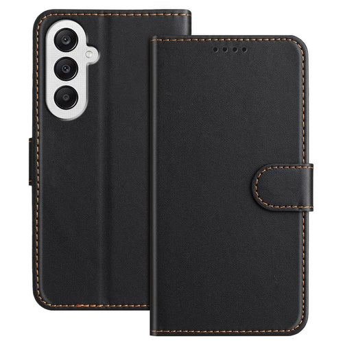 For Samsung Galaxy A25 5G (Global) (161.0 x 76.5 x 8.3mm) Leather Case Wallet Stand Solid Color Anti Drop Phone Cover - Black - 1