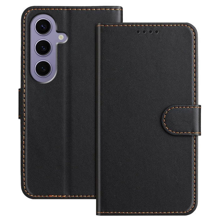 For Samsung Galaxy S24 Leather Case Wallet Stand Solid Color Anti Drop Phone Cover - Black - 1
