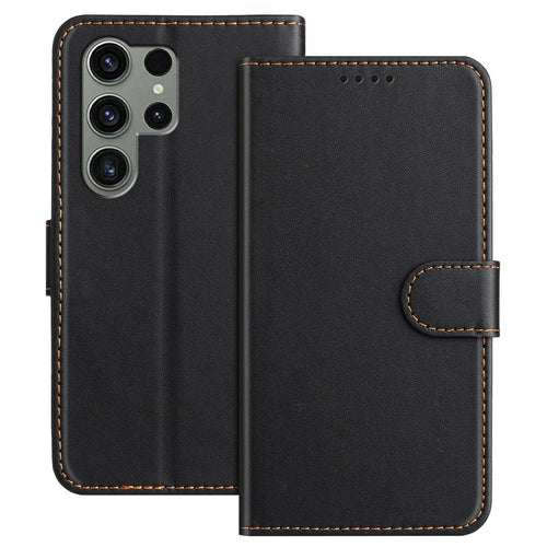 For Samsung Galaxy S23 Ultra Leather Case Wallet Stand Solid Color Anti Drop Phone Cover - Black - 1