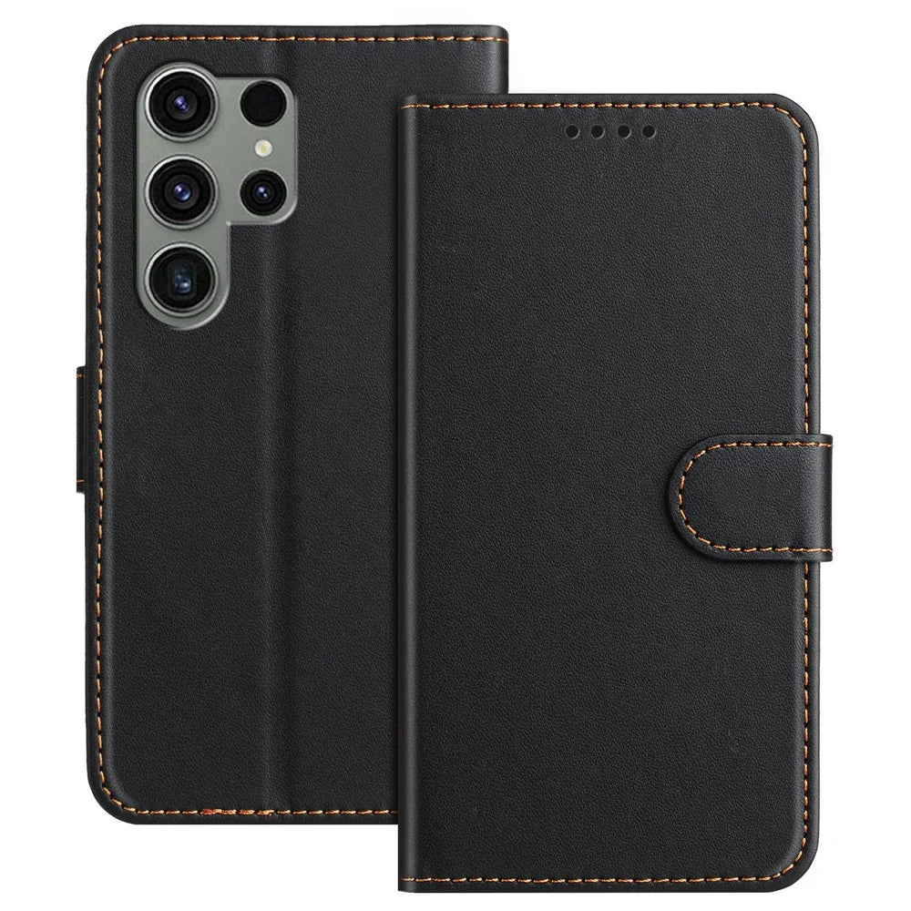 For Samsung Galaxy S23 Ultra Leather Case Wallet Stand Solid Color Anti Drop Phone Cover - Black - 1