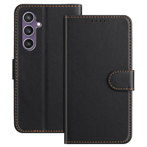 For Samsung Galaxy S23 FE Leather Case Wallet Stand Solid Color Anti Drop Phone Cover - Black - 1