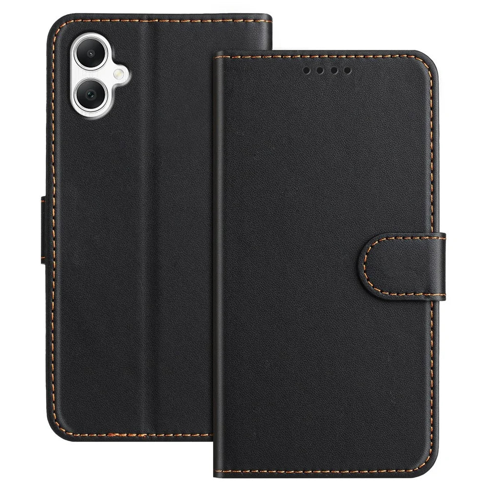 For Samsung Galaxy A06 4G Leather Case Wallet Stand Solid Color Anti Drop Phone Cover - Black - 1