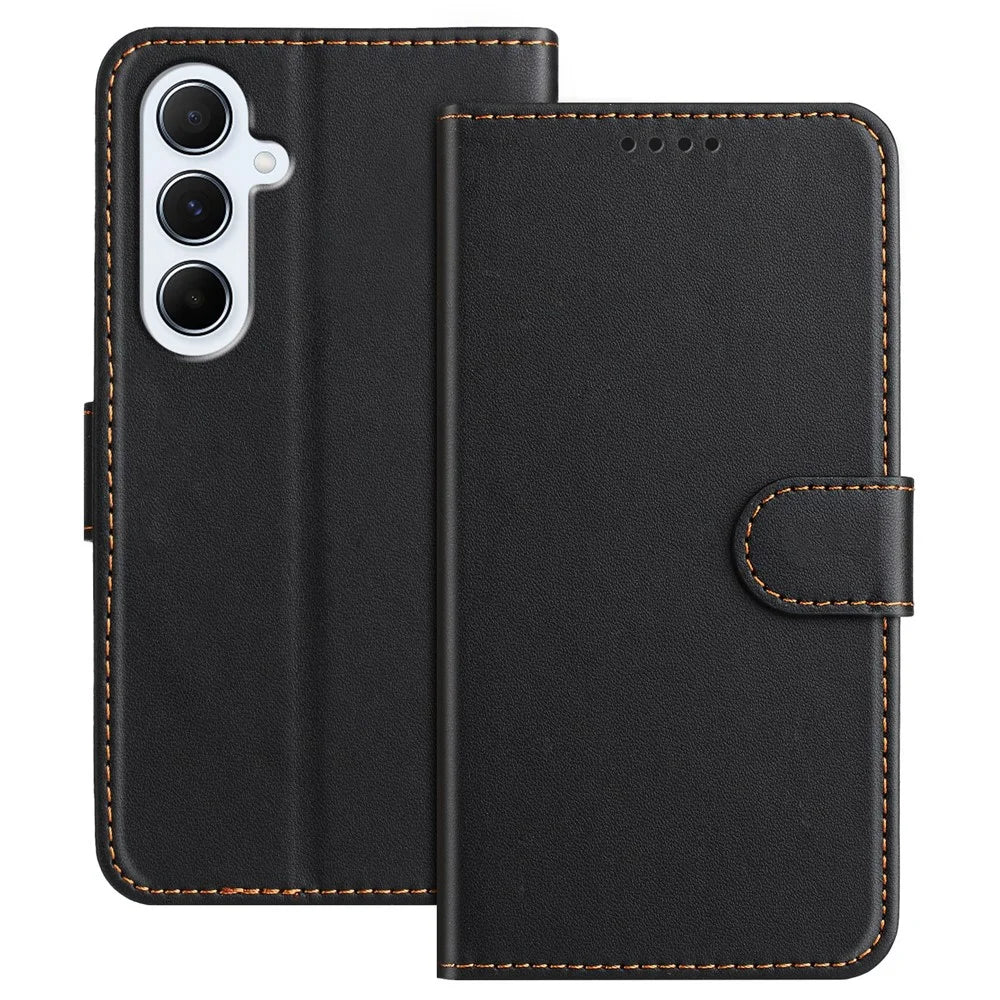 For Samsung Galaxy A26 5G Leather Case Wallet Stand Solid Color Anti Drop Phone Cover - Black - 1