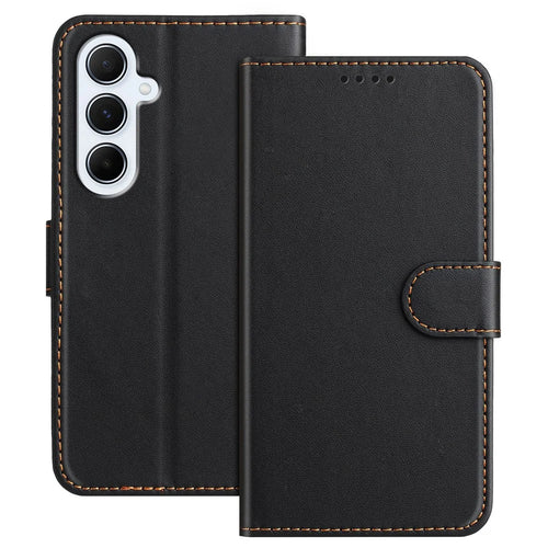For Samsung Galaxy A56 5G Leather Case Wallet Stand Solid Color Anti Drop Phone Cover - Black - 1