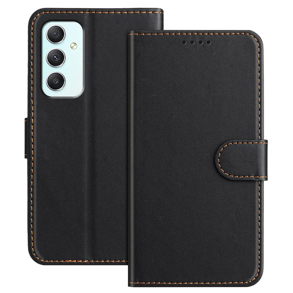 For Samsung Galaxy A35 5G Leather Case Wallet Stand Solid Color Anti Drop Phone Cover - Black - 1