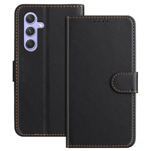 For Samsung Galaxy A55 5G Leather Case Wallet Stand Solid Color Anti Drop Phone Cover - Black - 1