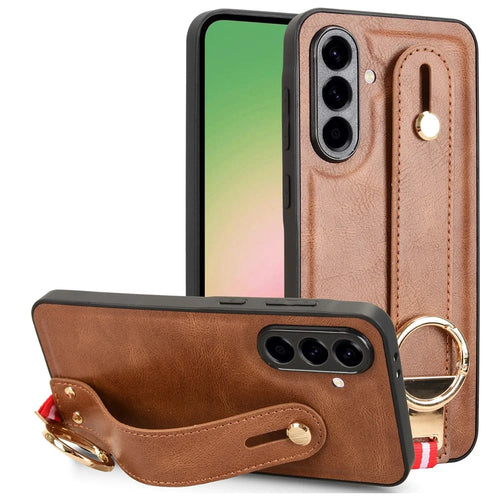 For Samsung Galaxy A56 5G Case Wristband Kickstand Leather+PC+TPU Phone Cover with Bottle Opener - Brown - 1