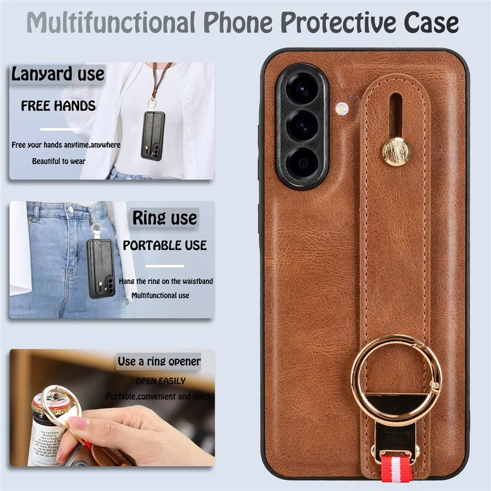For Samsung Galaxy A56 5G Case Wristband Kickstand Leather+PC+TPU Phone Cover with Bottle Opener - Brown - 3