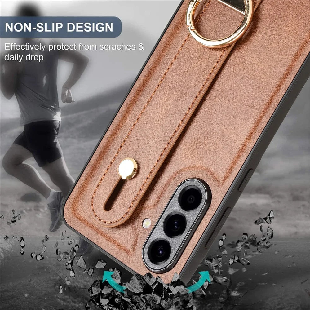 For Samsung Galaxy A56 5G Case Wristband Kickstand Leather+PC+TPU Phone Cover with Bottle Opener - Brown - 4