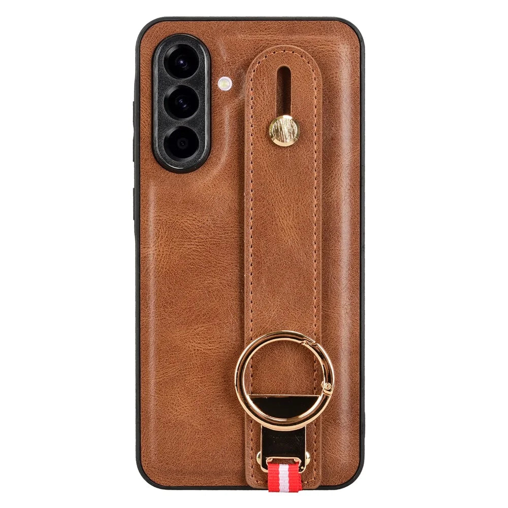 For Samsung Galaxy A56 5G Case Wristband Kickstand Leather+PC+TPU Phone Cover with Bottle Opener - Brown - 6