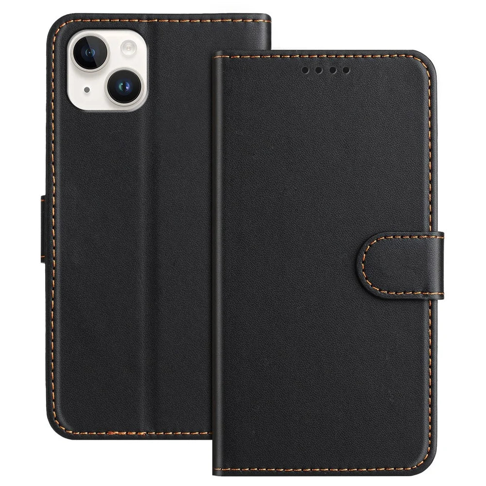For iPhone 15 Plus Leather Case Wallet Stand Solid Color Anti Drop Phone Cover - Black - 1