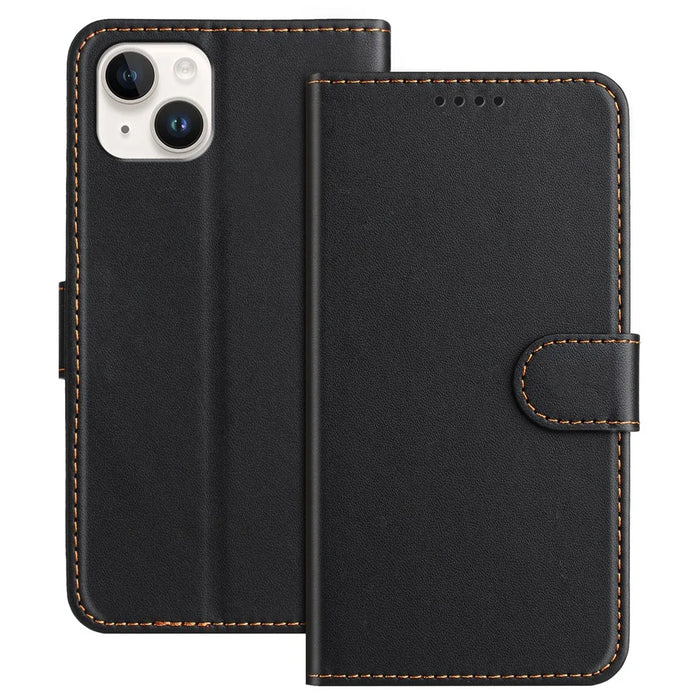 For iPhone 15 Plus Leather Case Wallet Stand Solid Color Anti Drop Phone Cover - Black - 1