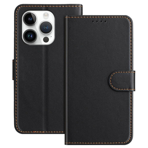 For iPhone 15 Pro Leather Case Wallet Stand Solid Color Anti Drop Phone Cover - Black - 1