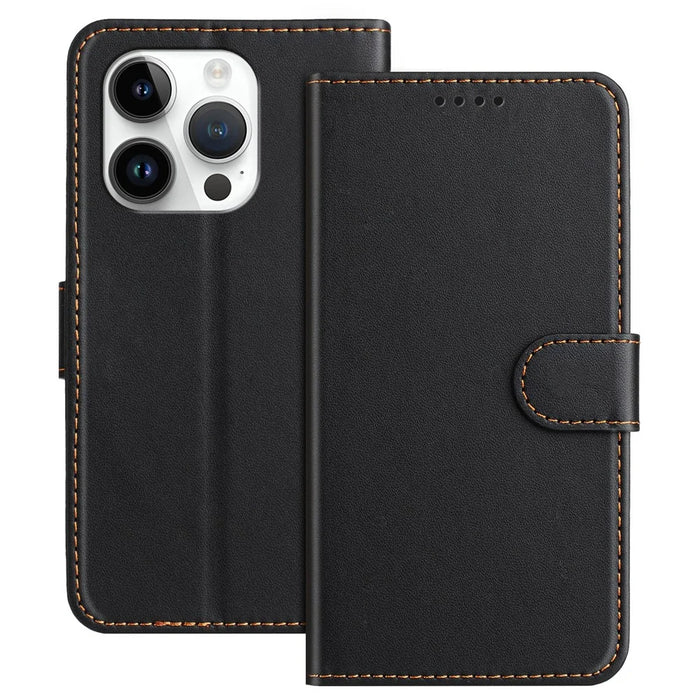 For iPhone 15 Pro Leather Case Wallet Stand Solid Color Anti Drop Phone Cover - Black - 1