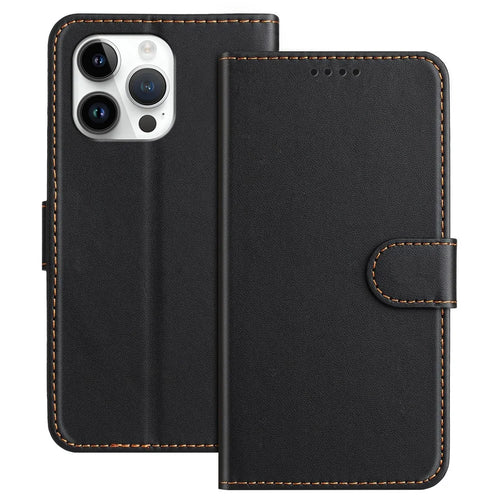 For iPhone 15 Pro Max Leather Case Wallet Stand Solid Color Anti Drop Phone Cover - Black - 1