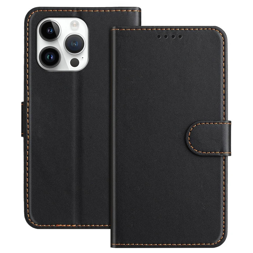 For iPhone 15 Pro Max Leather Case Wallet Stand Solid Color Anti Drop Phone Cover - Black - 1