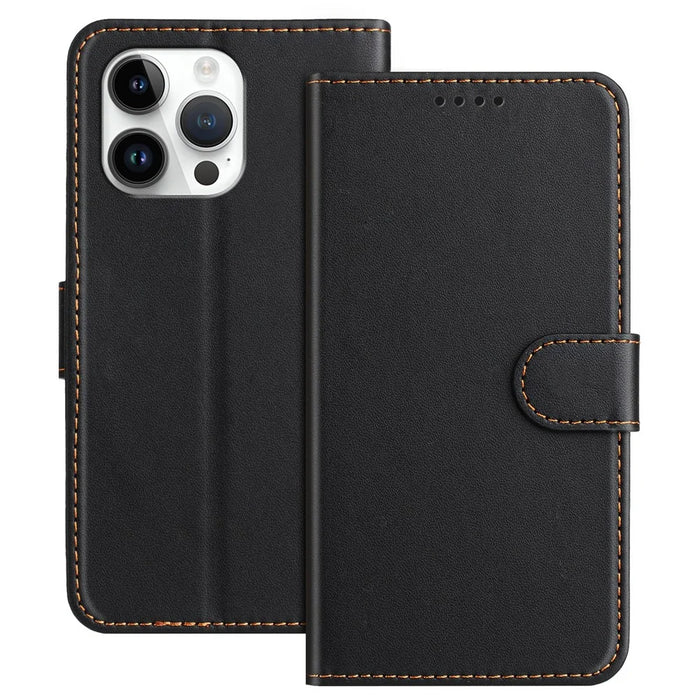 For iPhone 15 Pro Max Leather Case Wallet Stand Solid Color Anti Drop Phone Cover - Black - 1