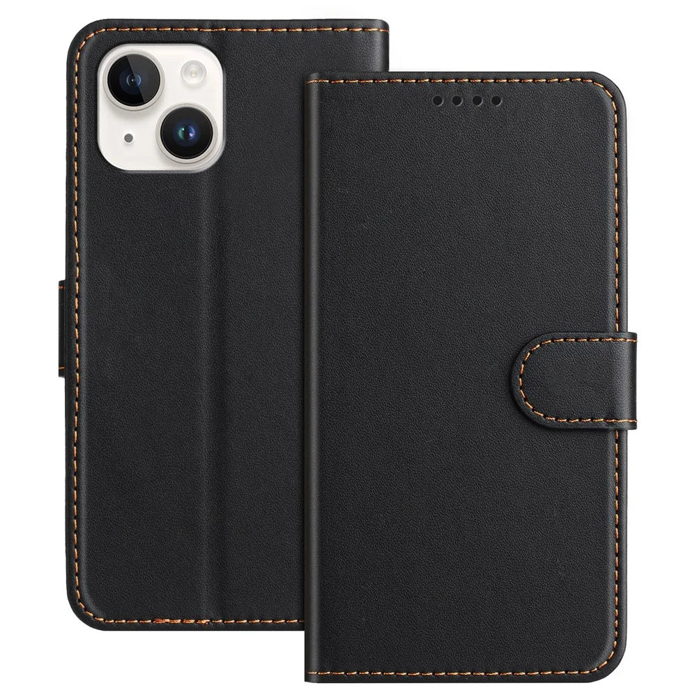 For iPhone 13 6.1 inch / iPhone 14 Leather Case Wallet Stand Solid Color Anti Drop Phone Cover - Black - 1