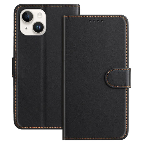 For iPhone 13 6.1 inch / iPhone 14 Leather Case Wallet Stand Solid Color Anti Drop Phone Cover - Black - 1