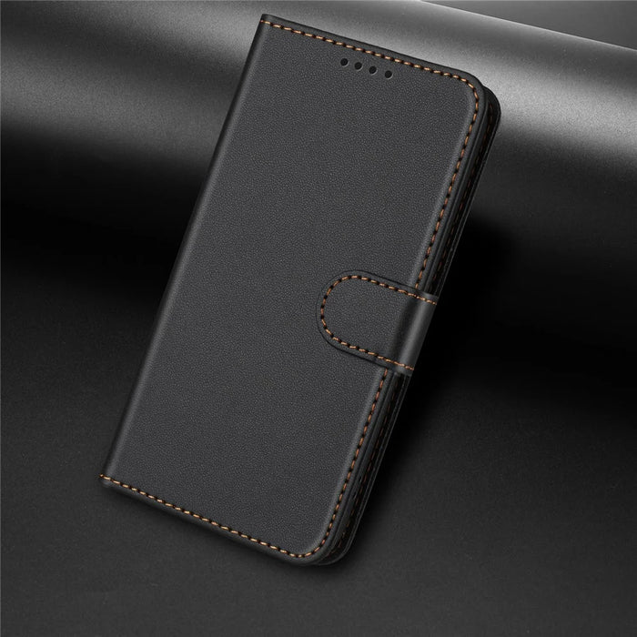 For iPhone 14 Plus Leather Case Wallet Stand Solid Color Anti Drop Phone Cover - Black - 7
