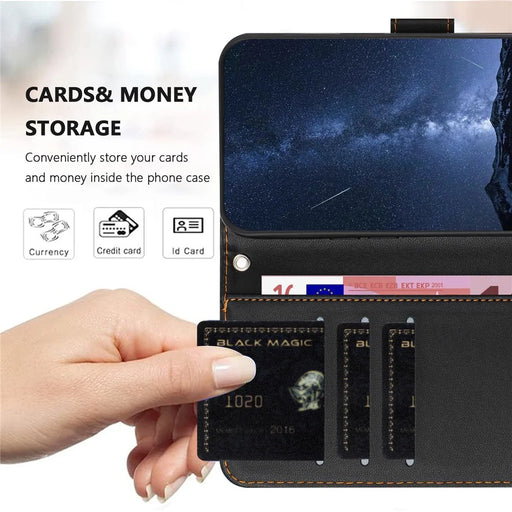 For iPhone 14 Pro Leather Case Wallet Stand Solid Color Anti Drop Phone Cover - Black - 2