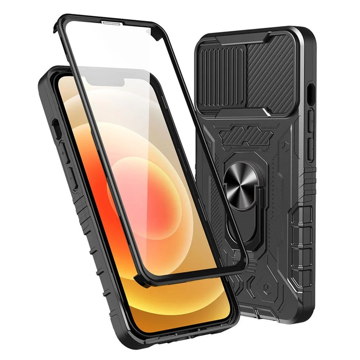 Slide Camera Protection PC + TPU Case for iPhone 14, Kickstand Full Coverage Phone Cover with Tempered Glass Screen Film - Black - 1