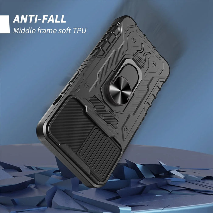 Slide Camera Protection PC + TPU Case for iPhone 14, Kickstand Full Coverage Phone Cover with Tempered Glass Screen Film - Black - 3