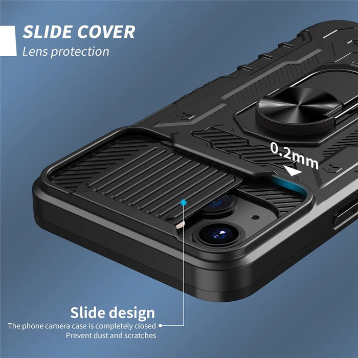 Slide Camera Protection PC + TPU Case for iPhone 14, Kickstand Full Coverage Phone Cover with Tempered Glass Screen Film - Black - 5