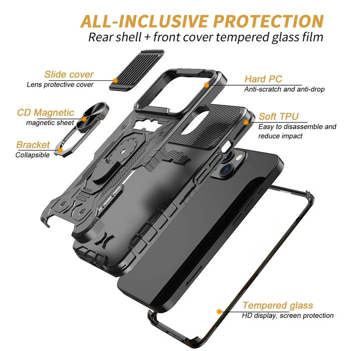 Slide Camera Protection PC + TPU Case for iPhone 14, Kickstand Full Coverage Phone Cover with Tempered Glass Screen Film - Black - 7