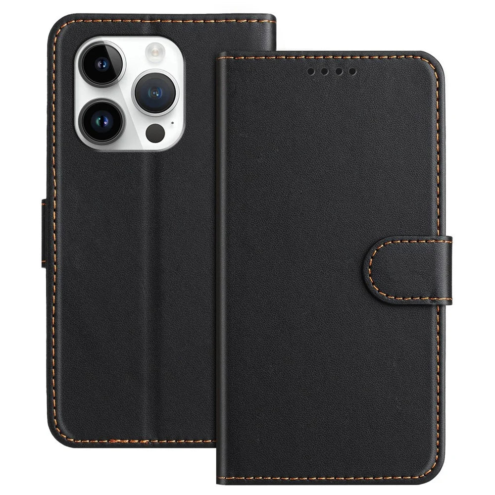 For iPhone 14 Pro Max Leather Case Wallet Stand Solid Color Anti Drop Phone Cover - Black - 1