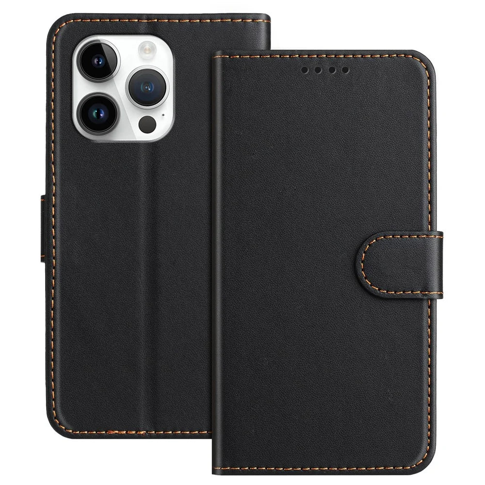 For iPhone 13 Pro 6.1 inch Leather Case Wallet Stand Solid Color Anti Drop Phone Cover - Black - 1