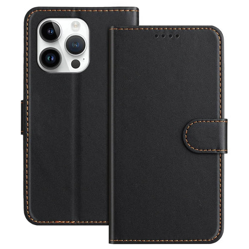 For iPhone 13 Pro 6.1 inch Leather Case Wallet Stand Solid Color Anti Drop Phone Cover - Black - 1