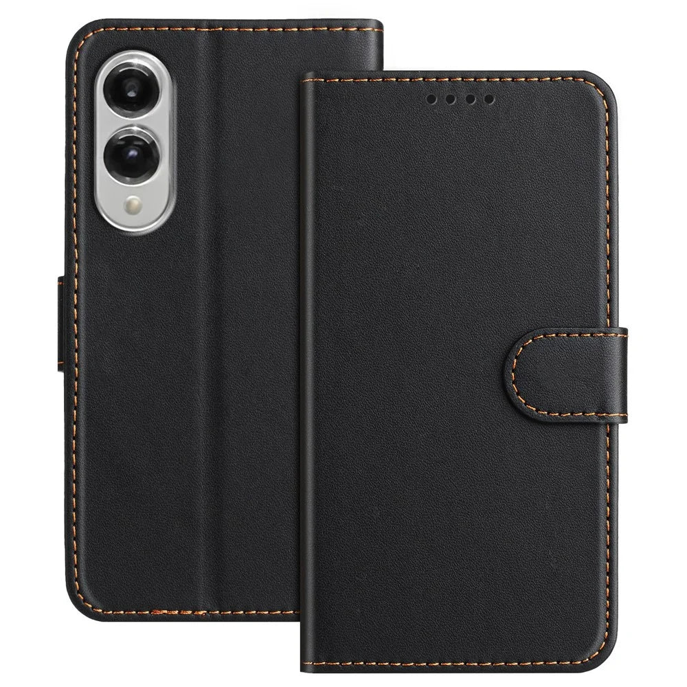 For Samsung Galaxy S25 Edge Leather Case Wallet Stand Solid Color Anti Drop Phone Cover - Black - 1