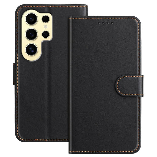 For Samsung Galaxy S24 Ultra Leather Case Wallet Stand Solid Color Anti Drop Phone Cover - Black - 1