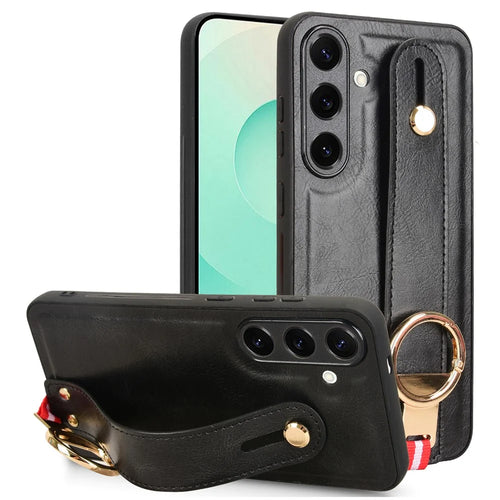 For Samsung Galaxy S25 Case Wristband Kickstand Leather + PC + TPU Phone Cover with Bottle Opener - Black - 1